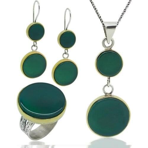 Silver Round Hand Handwork Green Agate Gemstone Women 'S Set Jewelry