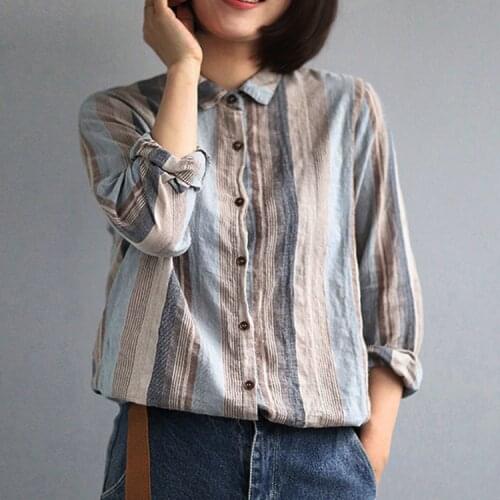 Autumn Comfortable Cotton Linen Tops And Blouses Women Loose Turn Down Collar Casual Striped Shirts Long Sleeve Korean Tops 2021
