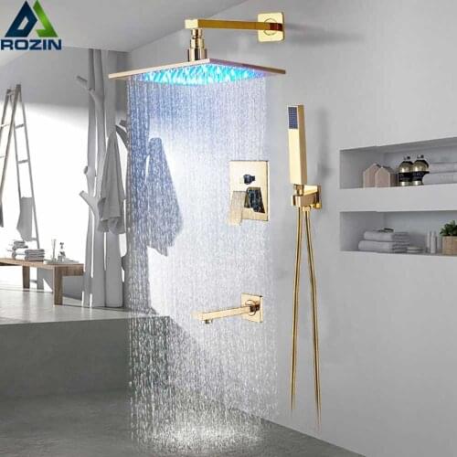 Luxury Golden Bath Shower Faucet 8/10/12/16" Rainfall LED Light Shower Head Brass Shower Spout 3-way Mixer Valve Bathroom Faucet