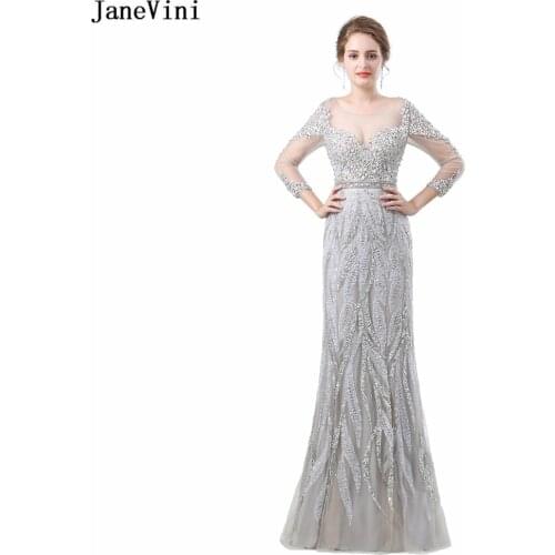 JaneVini Sexy Tulle Long Sleeves Bridesmaid Dresses Scoop Neck Full Beaded Luxury Backless Mermaid Saudi Arabia Prom Party Gowns
