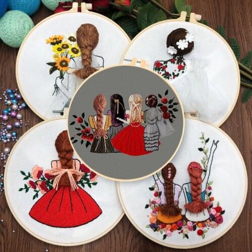 DIY Embroidery Cute Girls Handwork Needlework for Beginner Cross Stitch kit Ribbon Painting Embroidery Hoop Home Decoration