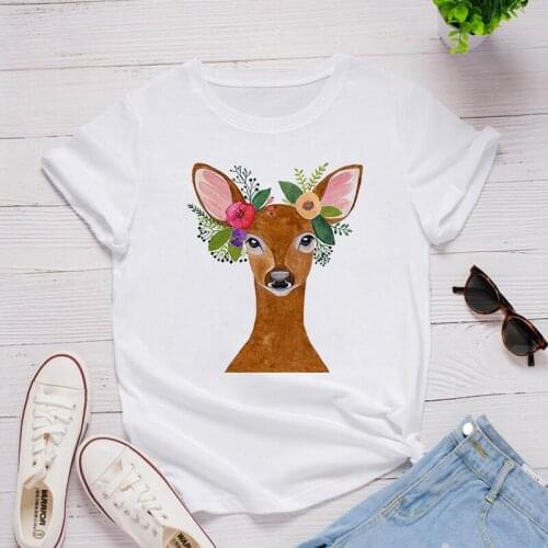 Cute Deer Head Wearing A Wreath Women White Floral Pattern Tshirt Tops Love T Shirt Girl Fashion Harajuku T-Shirt
