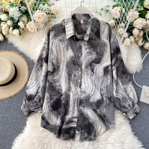 Womens Spring Autumn Runway Fashion Plus Size Tie-dye Shirt Female High Waist Casual Loose Blouse Top TB1935