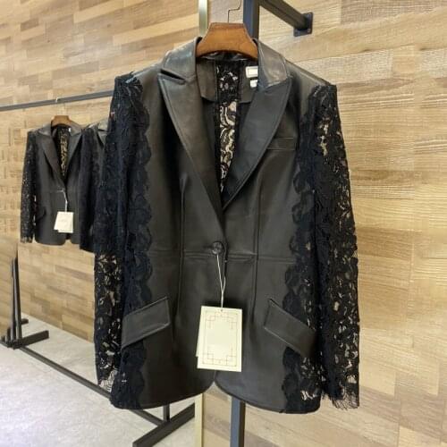 New brand genuine leather jacket patchwork Bud silk long sleeves turn-down collar clothes ladies outerwear