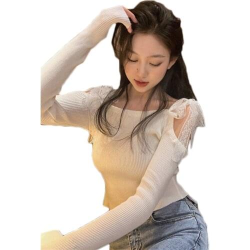 Ice Silk Knit Bottoming Shirt New Spring and Summer Sweet Girls Thin Lace Straps Short Sexy Long-sleeve Tops Women NS2549