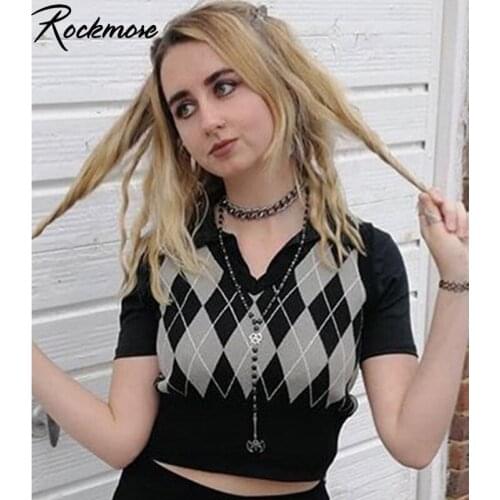Rockmore Argyle Plaid Sweaters Vests Women Y2K Aesthetic Pullovers Sleeveless Streetwear Bodycon Jumpers Cardigans Fashion 2020