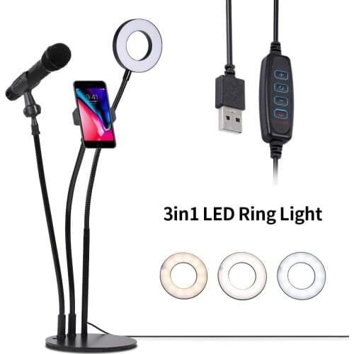 3in1 9cm LED Desktop Video Ring Light Fill Lamp Phone Microphone Holder Selfie Lamp With Weight Base USB Plug For Live Streaming