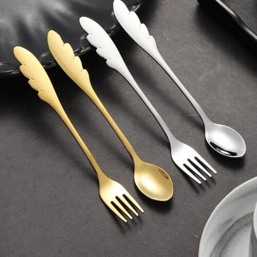 304 Stainless Steel Tableware Coffee Stirring Dessert Dpoon Three-Tooth Fork Titanium Wing Spoon Small Gifts Accessories
