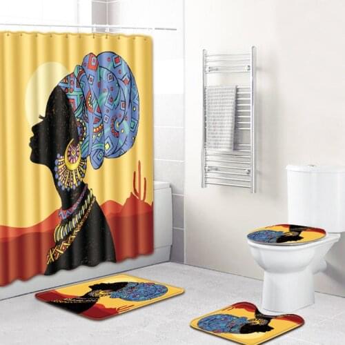 4 Pcs African Girl Shower Curtain/Bath Mat/Toilet Pad Set Character Pattern Anti-slip Toilet Pattern Carpet Flannel Bath Mat