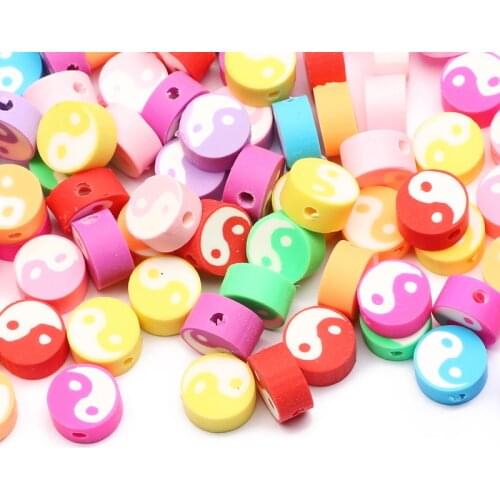 50pcs Mix Color Round Clay Spacer Beads 10mm Tai Chi Pattern Loose Beads For Jewelry Making DIY Necklace Bracelet Accessories