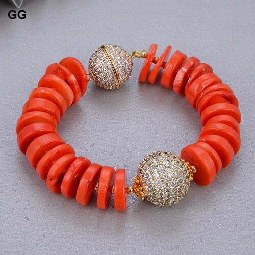 GuaiGuai Jewelry Natural Freeform Disc Orange Space Corals CZ Paved Ball Bracelet For Women