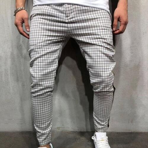 Fashion Men Pants Mid Waist Slim Fit Plaid Checkered Side Stripe Trousers Plaid Checkered Pencil Pants Trousers Casual Pants
