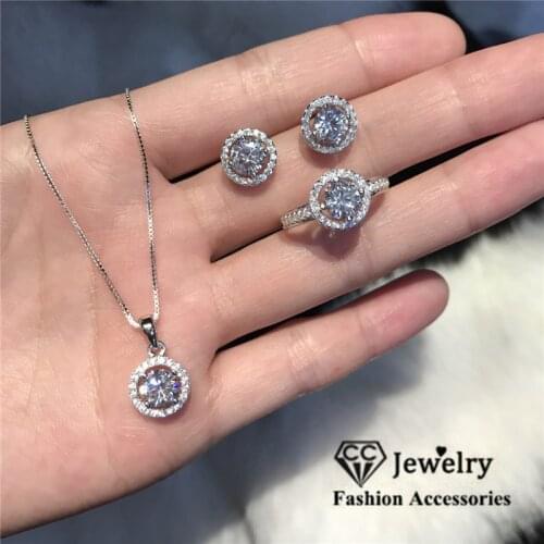 CC Fine Jewelry Sets For Women S925 Sterling Silver Cubic Zirconia Ring Stud Earrings Necklaces Pendants Wedding Bijoux CCAS228