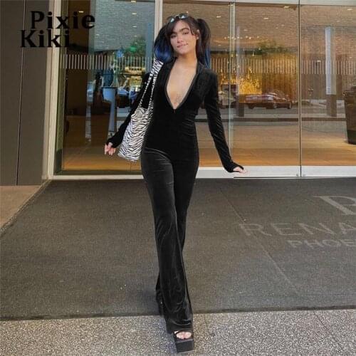 PixieKiki Black Velvet Hooded Zipper Long Sleeve Jumpsuits Sexy Outfits for Woman Y2k Streetwear Clothes Fall 2021 P71-DD49