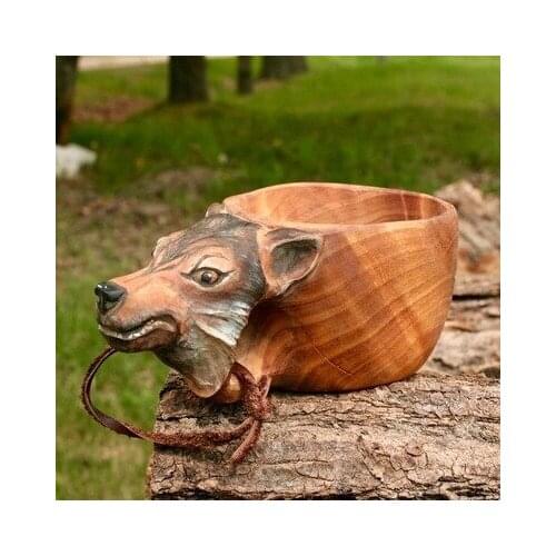 Wooden Mug Animal Shape Portable Camping Drinking Cup Hand Carved Outdoor Cup with Lanyard