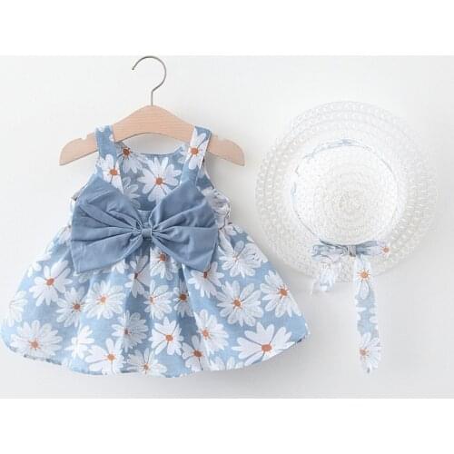 Summer Toddler Girls Dresses Flower Print Baby Princess Dresses Outdoor Party Sleeveless Kids Cotton Dress and Sun Hat 2 pcs Set