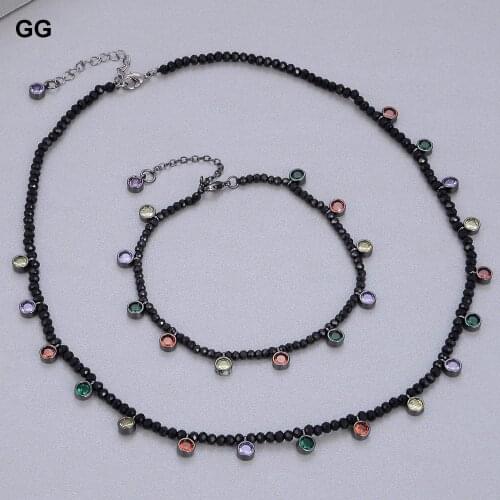GuaiGuai Jewelry Natural 3mm Faceted Rondelle Black Spinels Colorful CZ Crystal Necklace Bracelet Sets For Women