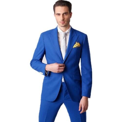 Royal Blue Peaked Lapel Suits for Business Man Groom Tuxedo Costume Homme Ropa Hombre 2 Pcs Jacket Pants Terno Masculino Blazer