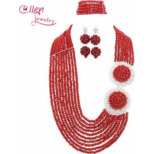 Red 10 Layers African Beads Jewelry Set nigerian wedding bridal Crystal Beads Necklace jewelry Set African Jewelry Set W6661