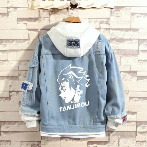 Demon Slayer: Kimetsu no Yaiba Couple Denim Jacket Harajuku Hoodies Anime Jean Streetwear Women Hooded Sweatshirt Men Sweatshirt