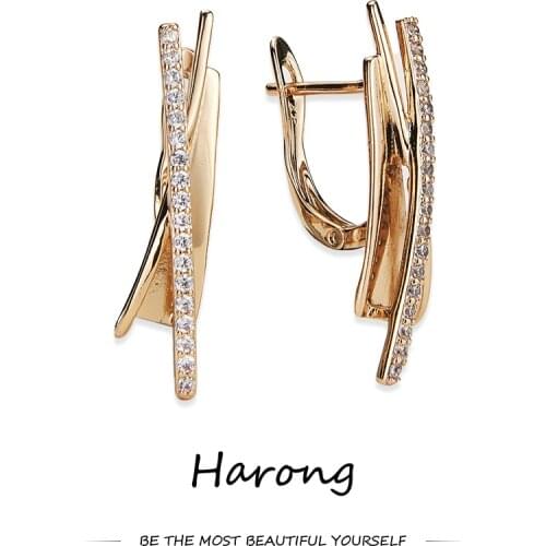 Harong Irregular Shaped Copper Earrings Inlaid With Crystals Shiny Gold-plated Metal Female Stud Earrings For Woman Jewelry