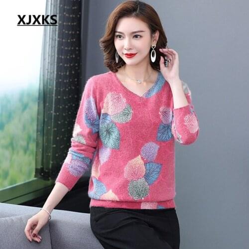 XJXKS Fashion Women Printed Sweater With Diamonds 2020 New Loose Plus Size High-End Mink Cashmere Knit Sweater Women Pullover
