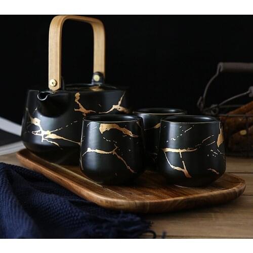 Marbling Household Tea Set Japanese-Style Black and White Ceramic Afternoon Tea Cup with Acacia Mangium Base Support Teapot
