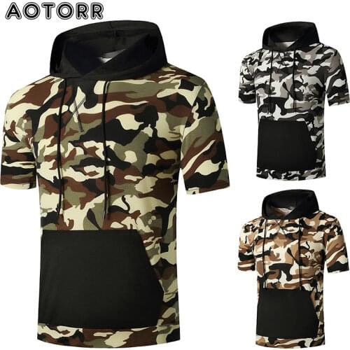 Mens Hoodies Fashion 2021 Streetwear Short-sleeves Summer Camouflage Pullover Male Casual Hooded Sweatshirts Big Pocket 3 Color