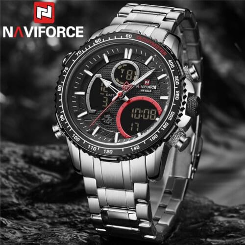 NAVIFORCE Top Brand Luxury Fashion Men Watch Quartz Digital Male Clock Military Sport Silver Stainless Steel Man Wristwatch 9182