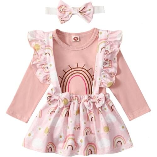 Newborn Baby Girl Clothes Infant Autumn Fall Set Cotton Rainbow Print Pullovers Top Suspender Skirt Headband Spring Outfits Suit