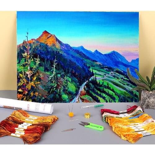 Landscape Morning Printed Water-Soluble Canvas 11CT Cross-Stitch Patterns DIY Embroidery DMC Threads Handmade Package