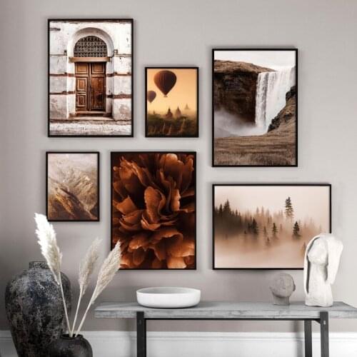 Autumn Foggy Forest Flower Waterfall Door Nordic Posters And Prints Wall Art Canvas Painting Wall Pictures For Living Room Decor