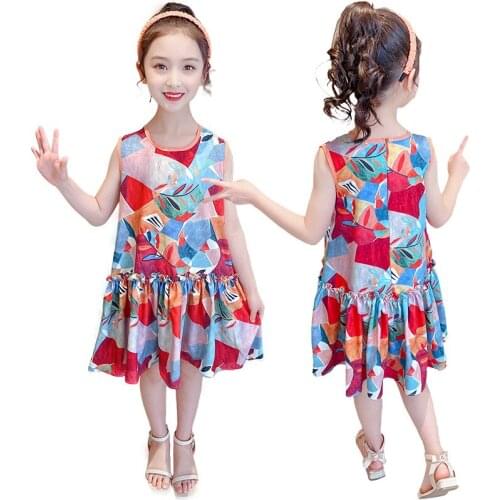 Girls Dress Summer Children Geometric Printing Princess Clothes Cute Graffiti Teens Sleeveless Mixed Cotton Ruffle Casual Dresse