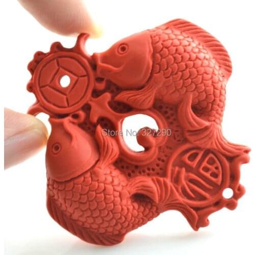 Lucky Double Fish Pendant Natural Cinnabar Fine Carved Pendant Double Side Hole For DIY Jewelry Making 5pc/lot