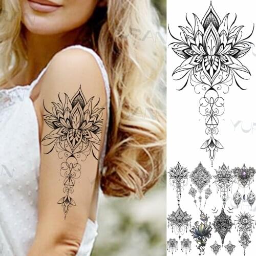 Realistic Lotus Lace Temporary Tattoos For Women Adult Fake Henna Pendant Mandala Sun Tattoo Sticker DIY Waterproof Tatoos Paste