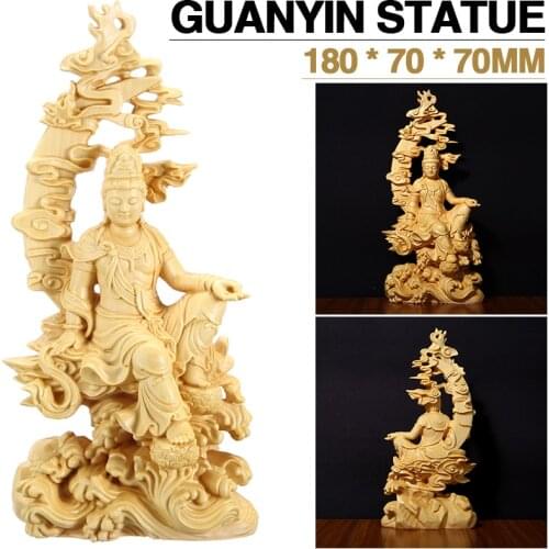 Wood Carving Kwan-yin Guanyin Statue Chinese Water Moon Buddha Statue Bodhisattva Sculpture Boxwood Craft Gift Decoration