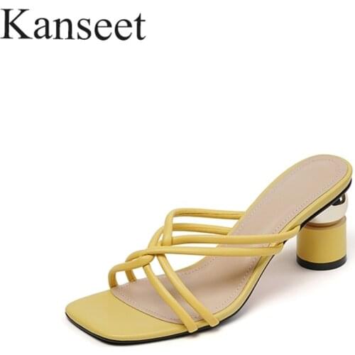Kanseet Concise Summer New Womens Slippers Yellow Beige Special Heel High Heels Slippers Square Toe Hot Sale Basic Shoes Woman