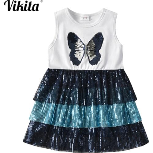 VIKITA Girls Princess Dress Kids Girls Summer Sleeveless Dress Children Party Birthday Butterfly Costume Girl Sequins Vestidos