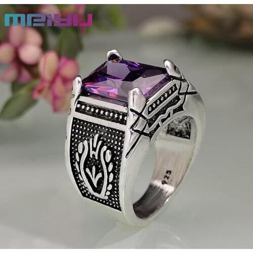 Vintage Carving Fill in Purple Red Zircon Ring For Men Exaggeration Plated Thai Silver Fine Ring Fashion Jewelry Anniversary