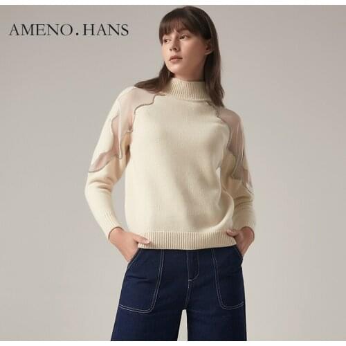 High quality soft wool white sexy winter top organza shoulder women knit custom sweater