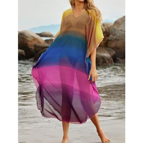 ZAFILLE Rainbow Colors Long Dress Pareo Beach Cover Up Sexy Bikini Cover Ups Pareo Womens Tunic Plus Size Chiffon Maxi Dress