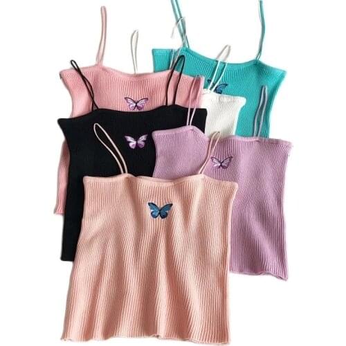 Green tops Summer Tank Camis Womens Spaghetti Strap Embroidery Sexy Tube Tops Cropped For Girls Streetwear Knit Butterfly Top