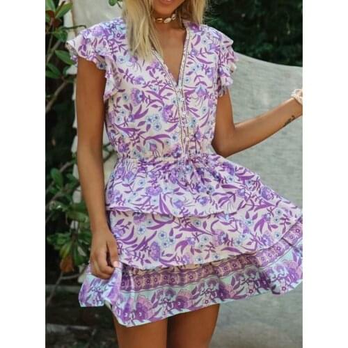 Happie Queens women butterfly sleeve v-neck floral print beach Bohemian mini dress Ladies rayon cotton Boho dress vestidos