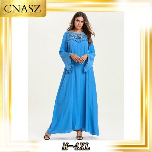 Vetement Femme 2019 Middle Eastern Muslim Fashion Autumn Large Size Womens Trumpet Long Sleeve Stitching Embroidered Dress