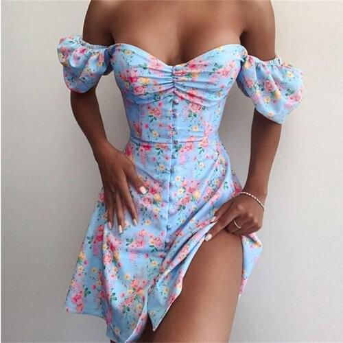 2021 New Sky Blue Floral Lantern Sleeve Waist Beach Dress Elegant Neck Breast Wrapped Dress For Women Dresses Vintage Gothic