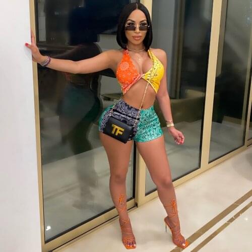 Adogirl Paisley Bandanna Print 2 Piece Set Halter Backless Crop Top and Shorts Night Club Party Outfits Beach Wear Tracksuit