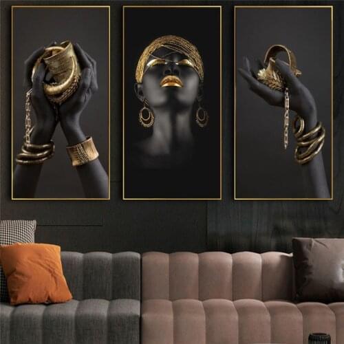 Black gold female holding golden container HD printing canvas painting multi-size customization room decor wall art