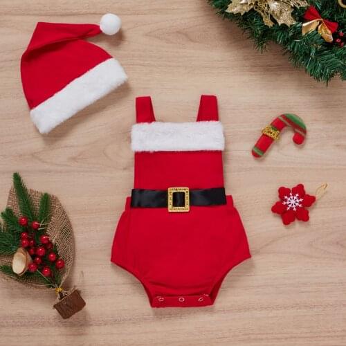 2021 New Winter Toddler Infant Baby Boys Girls Sleeveless Santa Backless Romper + Hat Suit Christmas Party Clothes Barboteuse