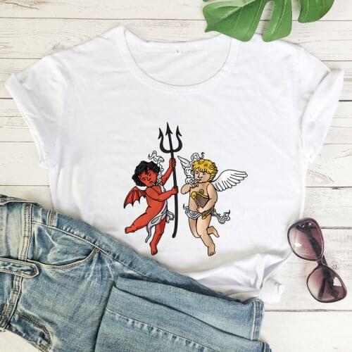 Fallen Angels Colored T-shirt Aesthetic Women Grunge Angel Art Tee Shirt Top Vintage Hell Or Heaven Goth Tshirt