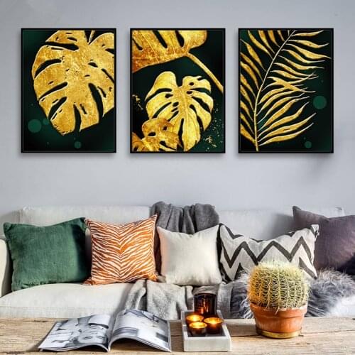 Gohipang Scandinavian Painting Canvas Golden Plants Leaf Poster And Print Nordic Decoration Home Wall Art Pictures Living Room